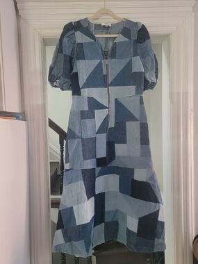 Sea New York Patchwork Blue Denim Midi Dress with Puff Sleeves
